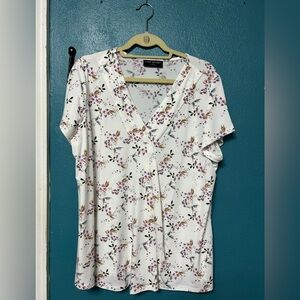 Lane Bryant White Floral V-Neck Blouse